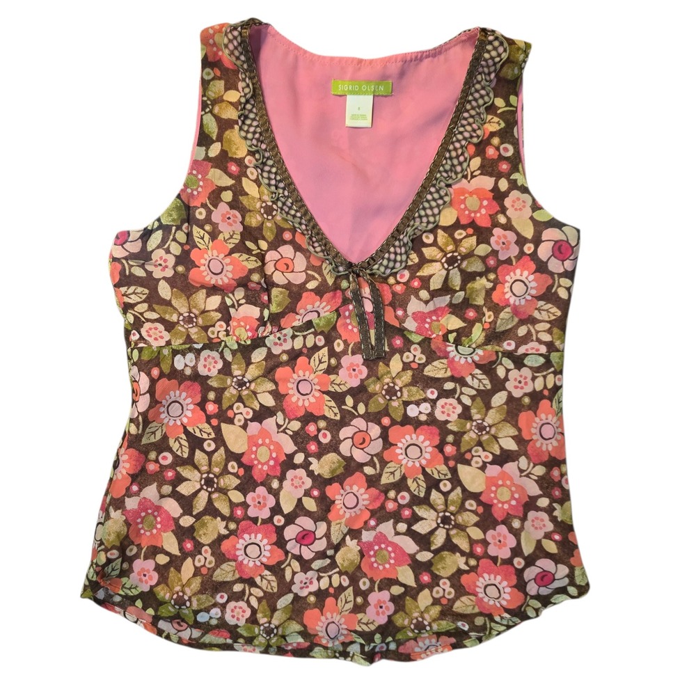 Sigrid Olsen Vintage Floral Sleeveless V-Neck Ruffle Blouse Brown Pink Sz 8 Med